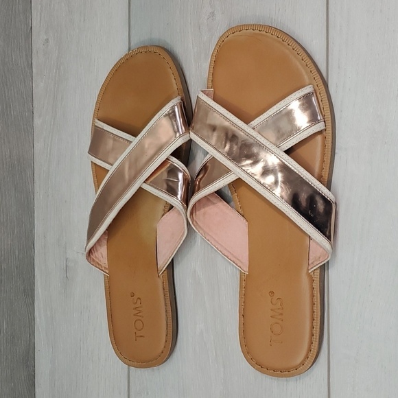 Toms Women Viv Rose Gold Slide Crisscross Sandals Flats shoes sz 10 - Picture 3 of 12